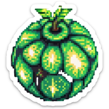 Green digital bomb animation frame 3, round bomb body with green highlights, very short leaf-shaped fuse at top, brighter green glow, nature-inspired design, pixel art style sticker