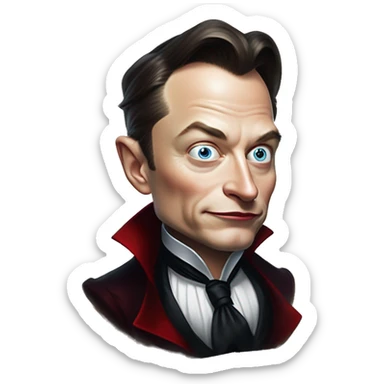 Devious Elon Musk vampire in Uncle Scrooge style, oil paint, mysterious eyes, intricate lips, masterpiece pose, odd perspective, beautiful, desirable, logical sticker