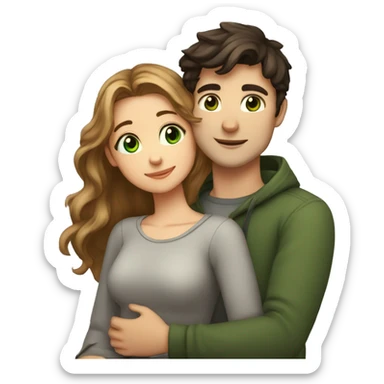 a girl with slightly wavy hair, green eyes and a height of 158 cm, and a guy with short dark hair and brown eyes, a height of 182 cm, are hugging sticker