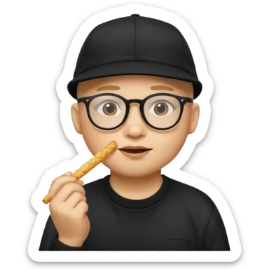 num num eatting hashbrown sticks with a plain black cap and glasses no hair sticker