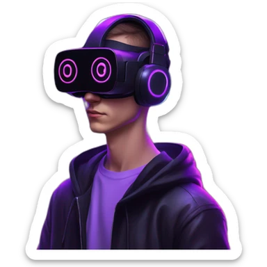 Russian young man wearing a black hoodie with "OMG" letters on it and VR headset in a cyberpunk VR environment with violet neon lighting. sticker
