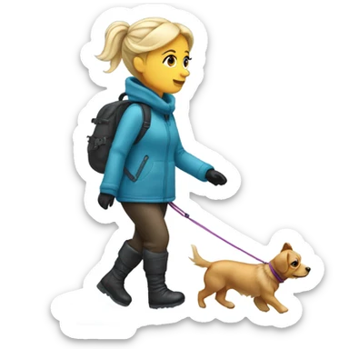 The back of a blonde woman walking a tiny dog on snow and ice  sticker