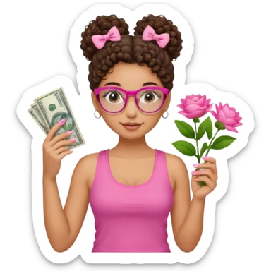 Uma menina com o cabelo cacheado com um Coque com baby hair, morena, e com uma regata rosa com um gloss na frente da regata ,com unha em gel,e com dinheiro na mão ,e com flores na outra mão,  com óculos  sticker