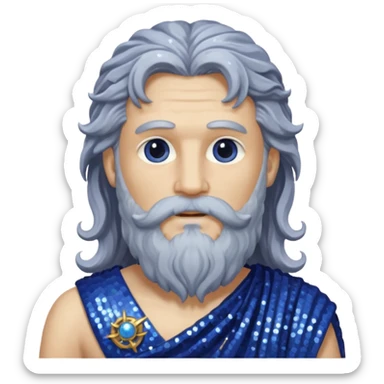 Saturn, God of Time from Roman Deities with long gray wavy hair and beard, indigo sequin toga sticker