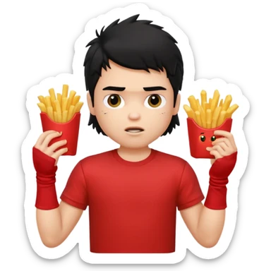 generate a pretty fair bratz boy with a messy mullet (black hair), wearing a red tshirt. eating fries, big biceps sticker