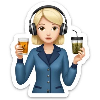a young woman full length walks with headphones on with a caviar toast in one hand and herbal tea in the other hand sticker