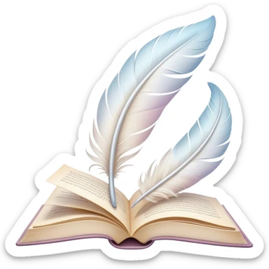 Create a delicate and poetic emoji representing poetry. The design should feature several elegantly flying pages with short poetic columns written on them. The pages should appear light and flowing, almost as if being carried by the wind. Include a white feather gently resting on the pages, symbolizing creativity and inspiration. Use soft, pastel tones to give it a dreamy, artistic feel. The design should feel ethereal and whimsical, capturing the essence of poetry. Make the background transparent. sticker