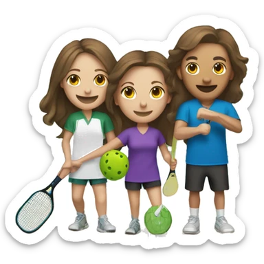 4 Caucasian people playing pickleball with 1 tall bald male, 1 shorter brown hair male, 1 girl with long brown hair, 1 girl  with brown hair sticker