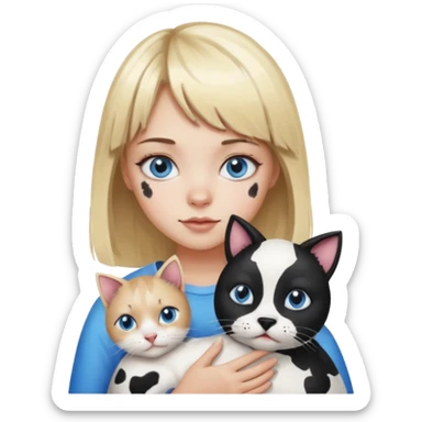 Cute cat black and white stain like a cow in the arms of a blond girl with bangs and blue eyes sticker