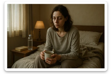 A cinematic, realistic scene of a woman in her early 30s, pale and tired, sitting on her bed in the morning. She is slouched, with dark circles under her eyes, wearing loungewear and holding herbal tea. The bedroom is softly lit, cozy but a bit messy, with a blanket, water bottle, and book on the nightstand. The light highlights her exhausted expression, representing chronic fatigue syndrome with compassion and dignity. sticker