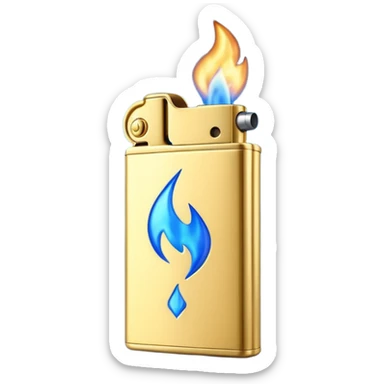 3D emoji icon of a golden metallic lighter with a blue flame, high quality, 3D render, minimalist white background sticker