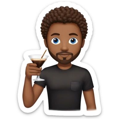black man with brown curly hair and blue eyes facial hair black shirt holding espresso martini sticker