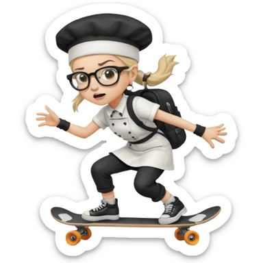 ["An angry woman with light skin, ponytail, wearing a chef hat and square glasses, dressed in goth fashion, is skateboarding while holding a backpack."] sticker