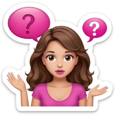 girl with long wavy brown hair, brown eyes, long lashes makeup, sexy pink lips, light to medium complexion, wearing a pink sexy top, shugging, question mark one speech bubble sticker
