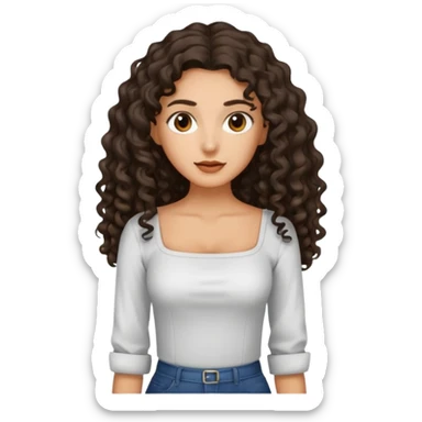 A tan girl with SUPER long dark curly hair and a square neckline shirt sticker
