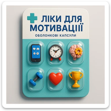Create an ironic 3D illustration of blister pack tablets in the style of a pharmacy product, but with a satirical twist.
Instead of regular capsules, there should be miniature symbolic objects inside that represent a ‘cure’ for a specific modern problem, condition, or desire.
Title: "Ліки для мотивації". sticker