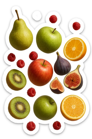 Pere, mele, lamponi, fichi, kiwi, arance FLUTTUANO IN ARIA, IPERREALISTICO 4K sticker