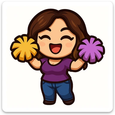 Sticker style chibi emote, matching the attached green heart emote as a base, but with a slightly skinnier body and a bigger chest. Woman from reference, purple t-shirt and blue jeans, cheering with pom-poms, cute excited face, no headband, no wand, no green heart, transparent background. Top color should not match jeans. sticker