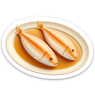 two or three smooth, oval-shaped fish quenelles with pale slightly golden surface, soft airy texture, elongated gently curved shape, light poached preparation, arranged in a loose group, no plate no sauce no extras, soft lighting, subtle shadows, emoji scale sticker