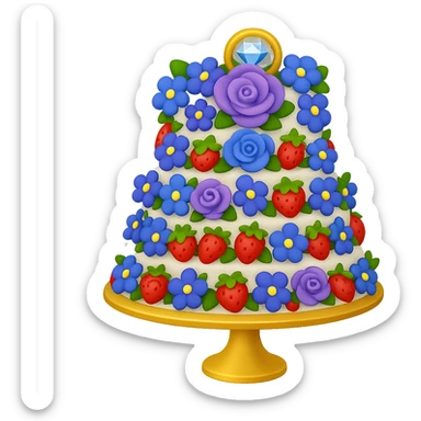 Replace the pink and white flowers with blue and purple flowers on the white wedding cake with strawberries and gold ring topper. The style should resemble emoji style with no background. sticker
