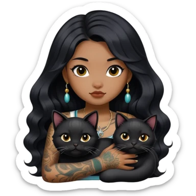 a Chinese girl with long black  Big Wave hair and tattoos and a black round faced cat no hands sticker