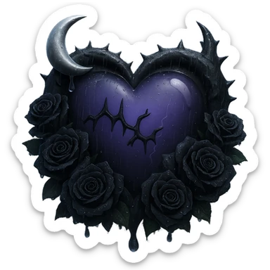 Add much more rain and thick mist to the scene, keeping the prominent black roses, gothic heart, deep purple glass, crescent moon dripping silver, subtle lightning, cracked glass glowing softly. The style should resemble 3D emoji style. Remove the background. sticker
