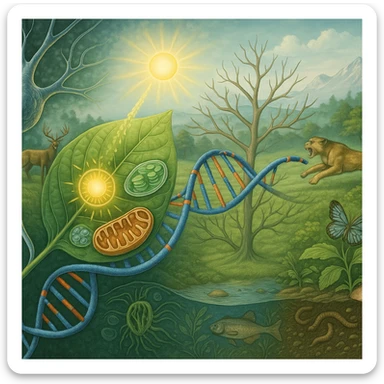 A panoramic scientific illustration merging all key biology topics for grades 11-12 into one continuous ecosystem scene, ultra-realistic style: In the foreground, a neuron (neurobiology) synapses with a leaf's vascular system (applied biology). The leaf undergoes photosynthesis (energy conversion) while revealing microscopic views of chloroplasts and mitochondria. Its DNA strands (molecular genetics) morph into a phylogenetic tree (evolution) that forms the landscape. In the background, a balanced ecosystem (ecology) shows predator-prey dynamics and nutrient cycling. All elements flow together organically through biological connections - no artificial borders, labels, or sections. Color palette: natural greens/blues with molecular structures in accurate scientific colors (red ATP, blue DNA). Style: National Geographic scientific realism with macro-to-micro transitions. sticker
