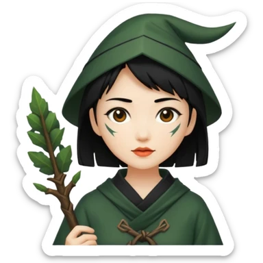 east asian forest mage woman short black hair rune sticker