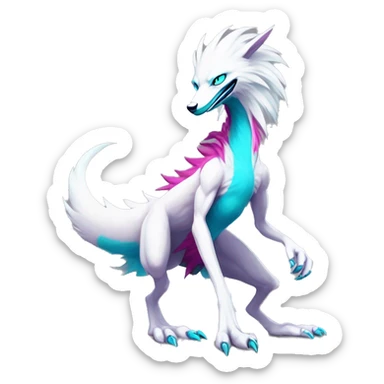 White elegant beautiful natural cute badass epic anthro modern albino sergal-vernid-Fakémon with cyan mane and magenta eyes with cyan edgy stripes, anthropomorphic, two-legged, digitigrade, full body sticker