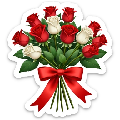 one red flower and one white flower in bouquet with red band sticker