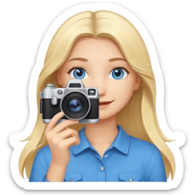  blue eyes blonde girl photographer cartoon taking picture in middle of taking picture camera in front of face long hair smiling funny flash professional, camera in front of face sticker