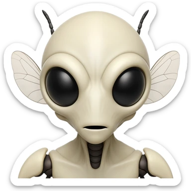 A front-facing alien with an insect-like head. Pale white exoskeleton. Black compound eyes like a fly. No human features. Has two thin black antennae and small mandibles. No limbs, legs, or arms. Face only. sticker