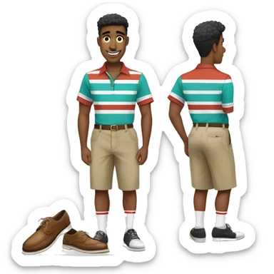 man wearing a retro bowling shirt with a teal base color with two white vertical stripes on the front, separated by thin black lines, Baggy khaki cargo shorts that go over the knees, Expensive gold watch, Italian brown loafers with pale white high socks sticker