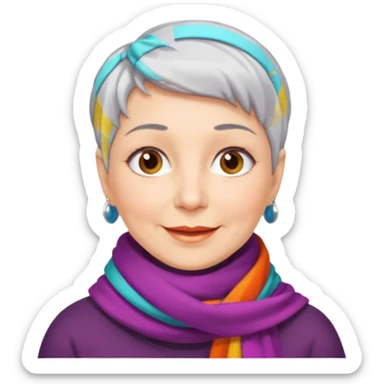 emoji of a woman in her 50s, short silver hair, wearing a scarf, cheerful look sticker
