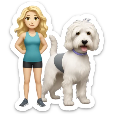 white woman with long blonde hair and cat shaped eyes wearing a yoga outfit standing alongside a tri-colored bernadoodle dog sticker