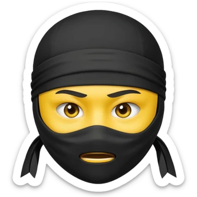 ninja face emoji with black ninja mask covering lower face, no skin color, standard emoji yellow, white headband, neutral expression sticker
