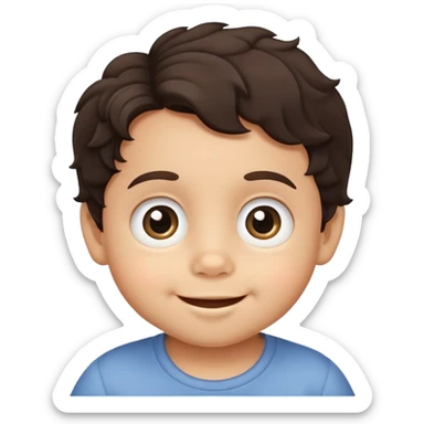 close-up of round smiling toddler boy face only with big eyes, medium skin tone, dark wavy hair, no neck visible, just the face sticker