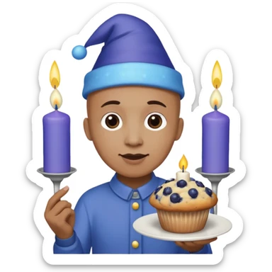 Blueberry Muffin celebrating birthday. Make sure it actually looks like a muffin with candles. Somebody holding it with party hat and bald sticker