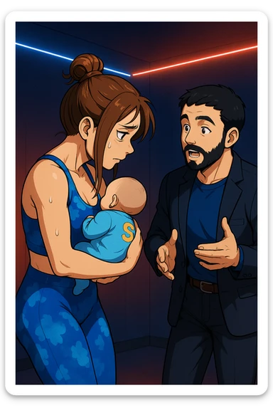 ispirati a questo stile di disegno e fai questa immagine in versione manga/webtoon a colori, il manga mostra la donna preoccupata di profilo con la postura sbagliata e incurvata, spalle chiuse e curve in avanti, con un neonato in braccio con una tutina azzurra e la scritta "S" sulla schiena, spina dorsale storta della donna in evidenza mentre ascolta l'uomo mentre l'uomo gli sta spiegando una cosa, ma non fare i fumetti, fai come se stessero parlando sticker