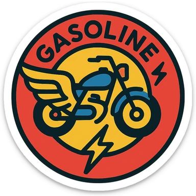 circular motorcycle gas cap design, transparent background, text 'GASOLINE', motif: wing, motorcycle, lightning, energetic style sticker
