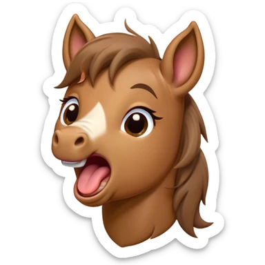 Cinematic Cute Yawning Brown Welsh Pony Portrait Emoji, Head tilted slightly with a dramatic, wide-open yawn, showcasing a sturdy, brown-colored form with softly drooping ears and sleepy, half-closed eyes, Simplified yet irresistibly adorable features, highly detailed, glowing with a soft, cozy earthy glow, high shine, relaxed yet expressive, stylized with a dash of rustic charm, soft glowing outline, capturing the essence of a drowsy yet affectionate brown Welsh pony that appears ready to stretch and yawn its way off the screen! sticker