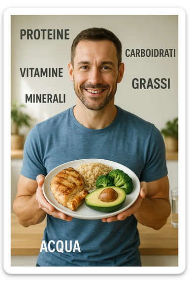 uomo che fa alimentazione attraverso i giusti macronutrienti. Scritte in ITALIANO immagine 4k realistica sticker