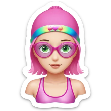pretty girl with green eyes pink swim cap holographic swimming glasses and cute profesional swimmer pink swimsuit swimming sticker