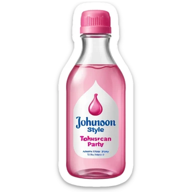 realistic Johnson and Johnson style bottle pink cap pink label clear bottle with berry party written on the logo with diddy logo bottle leaking oil from the top sticker