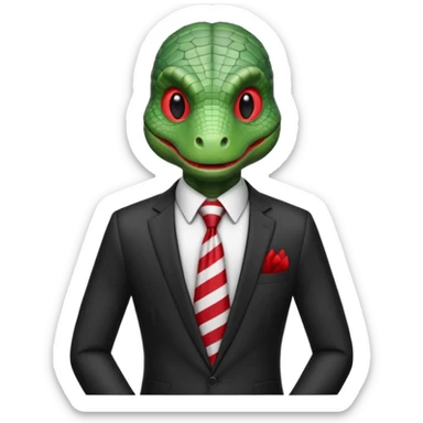 A reptilian humanoid dressing a suit, striped red and white tie, human emoji style, his face is seriously and sarcastic sticker