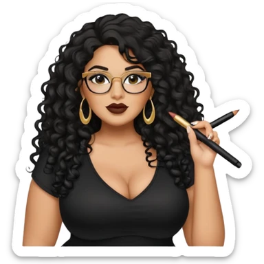 big plus size, latina, darker tan skin, long black curly hair, baddie,pretty, makeup, lipliner, black eyeliner, long hair, gold earrings, black top, glasses sticker
