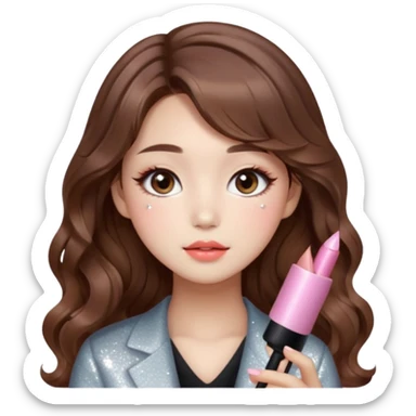“korean brown hair Emoji girl, soft eyeliner and blush, gradient lips, light brown shimmer eyeshadow, sparkly aegyo-sal, long wavy hair,  sticker