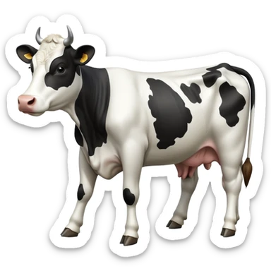 cinematic-[black and white cow]-realistic-full-body-standing-emoji,-tail-flicking-lazily,-head-tilted-dramatically,-sleek-[black and white]-coat,-simplified-yet-realistic-focused-features,-highly-detailed,-glowing-with-an-almost-sarcastic-glow sticker