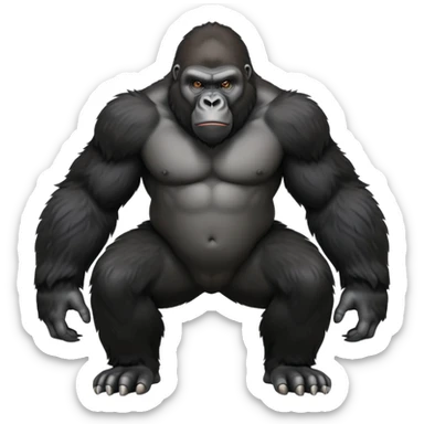 cinematic-friendly gorilla-realistic-full-body-crouched on all fours-emoji,-broad-and-powerful-frame-poised-with-confidence,-massive-arms-hanging-slightly-forward,-head-tilted-thoughtfully,-thick-black-fur,-deep-dark-eyes-full-of-intelligence,-simplified-yet-realistic sticker