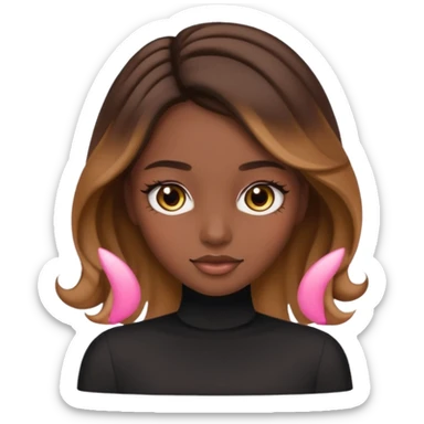 young woman with dark skin, brunette, straight hair with caramel balayage, brown eyes, curled lashes, blush, emoji style sticker
